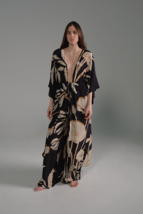 San Cipriano Crepe Chine Pants / Black - Beige Gladiolos