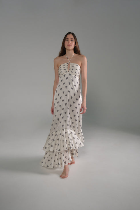 Sevillana Martellato Silk Maxi Dress / Ivory - Black Polka Palms
