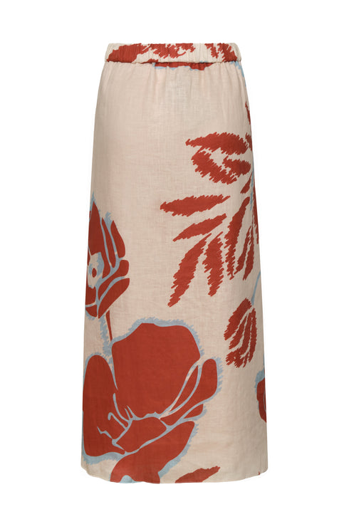 Beatrice Linen Midi Skirt / Ecru - Orange Gladiolos