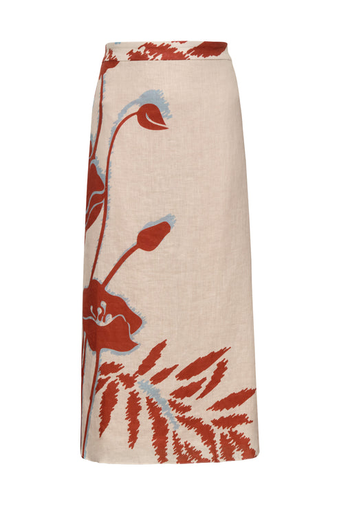 Beatrice Linen Midi Skirt / Ecru - Orange Gladiolos