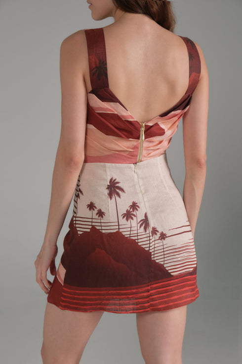 Carmelita Linen Mini Skirt / Red Tropical Landscape