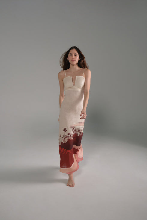 Antigüa Linen Midi Dress / Red Tropical Landscape