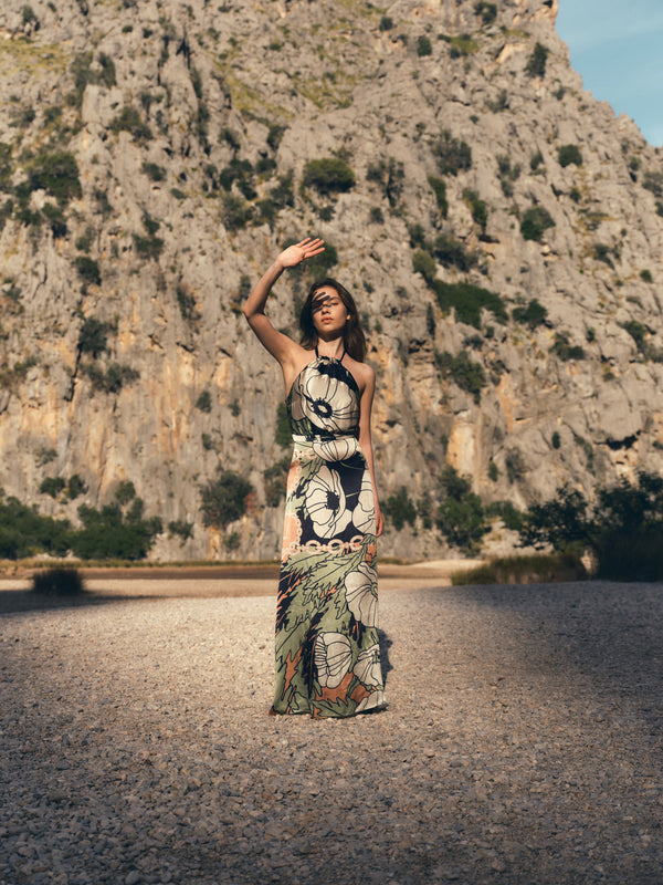 Magdalena Satin Silk Maxi Dress / Sage Gladiolos Garden