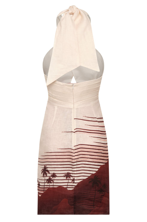 Costa del Sol Linen Mini Dress / Red Tropical Landscape