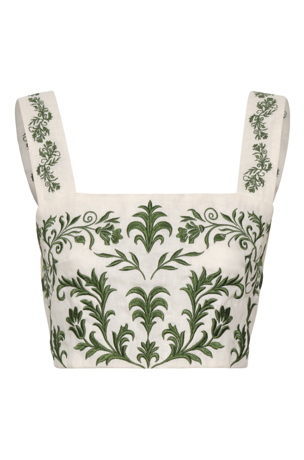 Marimba Embroidered Linen Top / Ivory Green Buganvilias