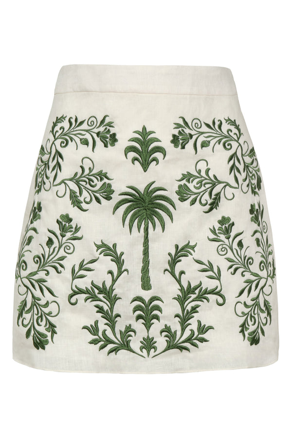 Carmelita Embroidered Linen Mini Skirt / Ivory Green Buganvilias