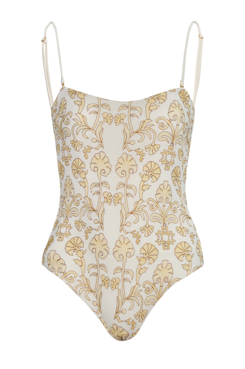 Esteros Embroidered One Piece / Yellow Flowers -Ivory
