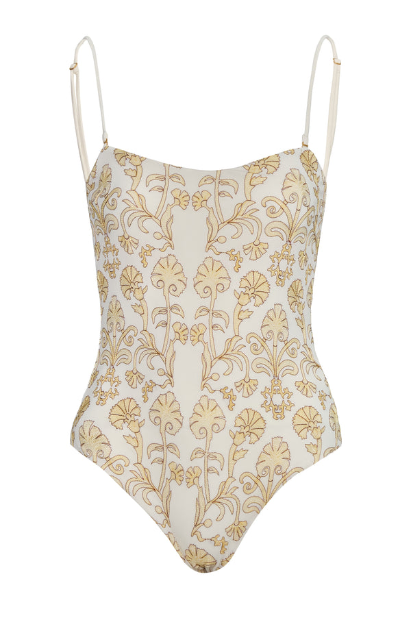 Esteros Embroidered One Piece / Yellow Flowers -Ivory