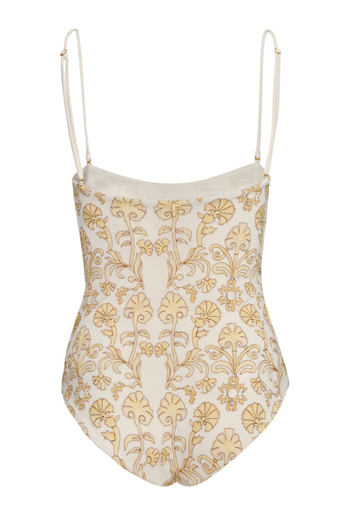Esteros Embroidered One Piece / Yellow Flowers -Ivory