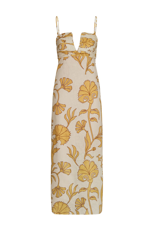 Antigüa Linen Midi Dress / Yellow Flowers
