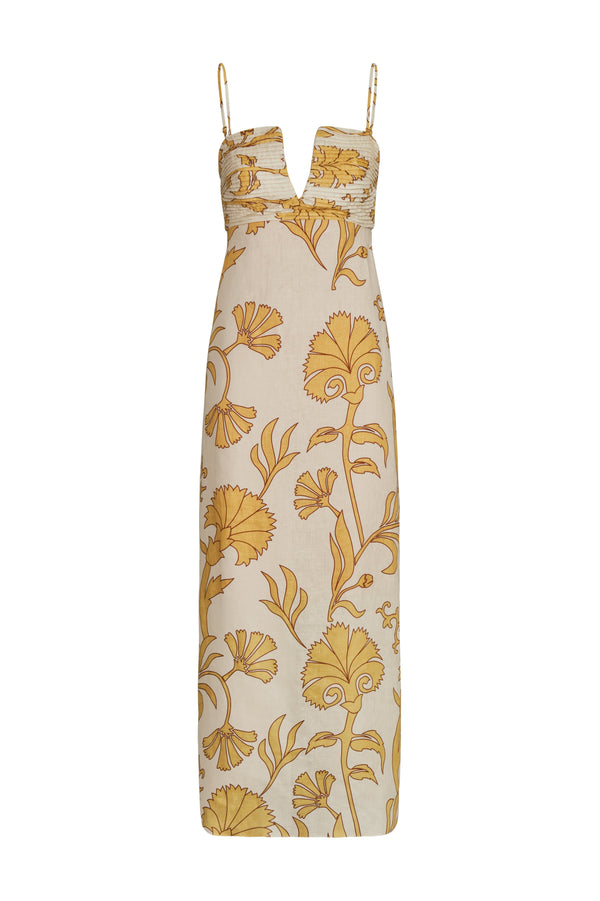 Antigüa Linen Midi Dress / Yellow Flowers
