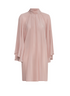 A dust pink boho mini dress in crepe de chine with a high gathered neckline and voluminous sleeves.
