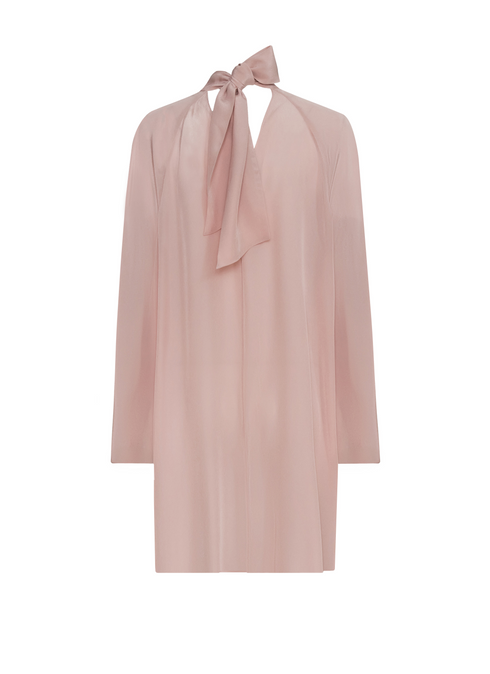 Back of a dust pink crepe de chine mini dress with long sleeves. Tie in the back