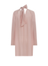 Back of a dust pink crepe de chine mini dress with long sleeves. Tie in the back
