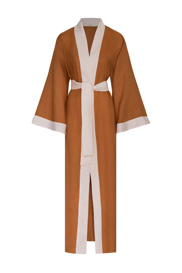 Rafaela Linen Kaftan / Brown & Ivory