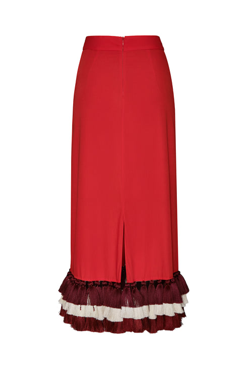 Rocio Cotton Midi Skirt / Red & Handmade Wine Tassels