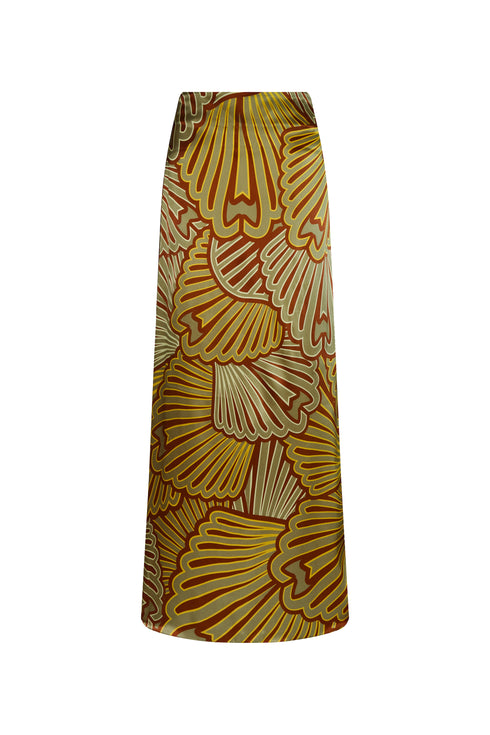 Carlota Satin Silk Maxi Skirt / Yellow Intricate Shells