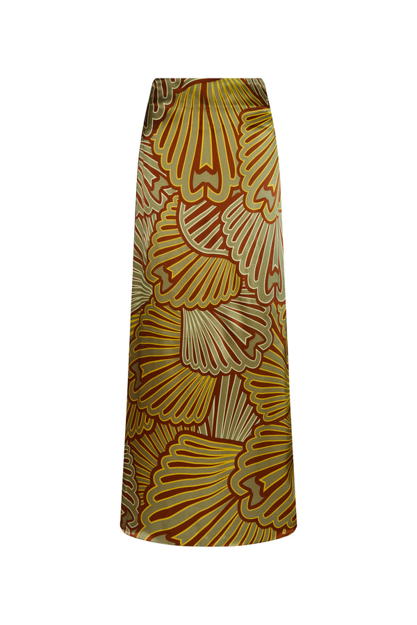 Carlota Satin Silk Maxi Skirt / Yellow Intricate Shells