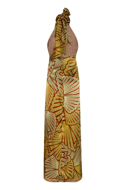 Costa Pacifica Satin Silk Midi Dress / Yellow Intricate Shells