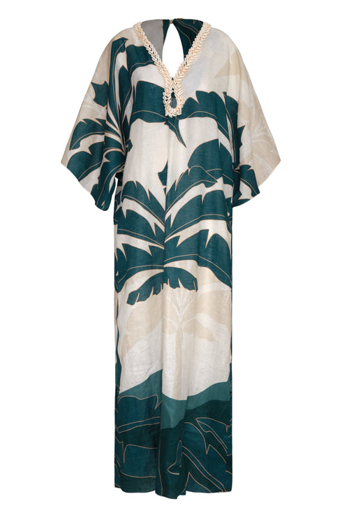 Andina Hand Embroidered Linen Tunic / Aquamarine Palms