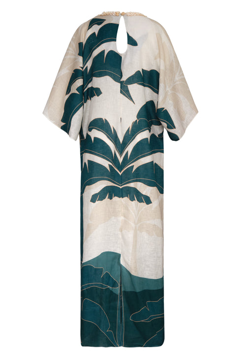 Andina Hand Embroidered Linen Tunic / Aquamarine Palms