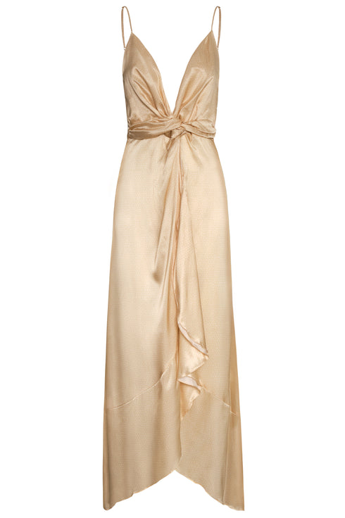 Sabina satin silk midi dress in butter reptile print with a deep V-neckline and gathered waist.