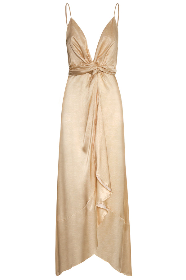 Sabina satin silk midi dress in butter reptile print with a deep V-neckline and gathered waist.