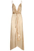 Sabina satin silk midi dress in butter reptile print with a deep V-neckline and gathered waist.