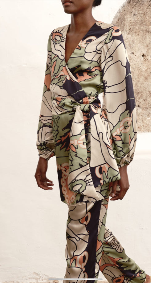 Santo Tomas Satin Silk Pants / Sage Gladiolos Garden