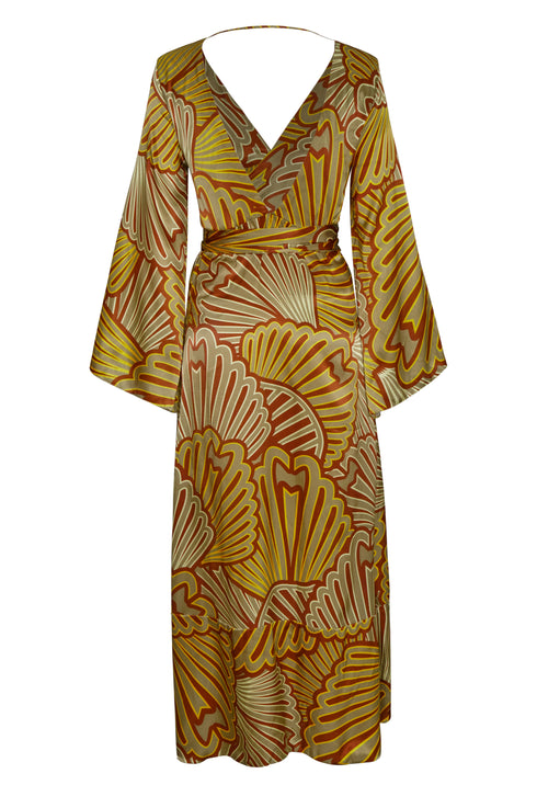 Pacífico Satin Silk Midi Dress / Yellow Intricate Shells