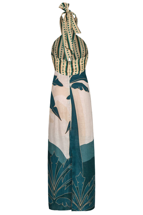 Costa del Sol Linen Midi Dress / Aquamarine Palms - Green Stripes