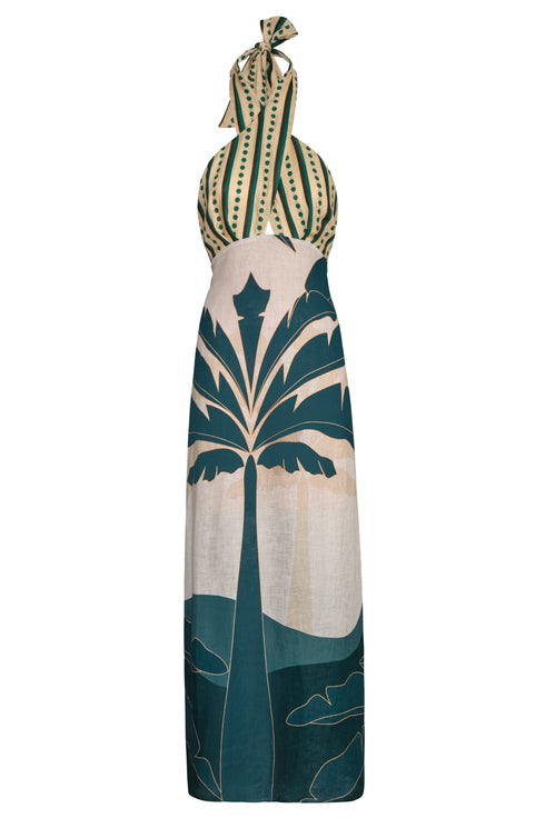 Costa del Sol Linen Midi Dress / Aquamarine Palms - Green Stripes