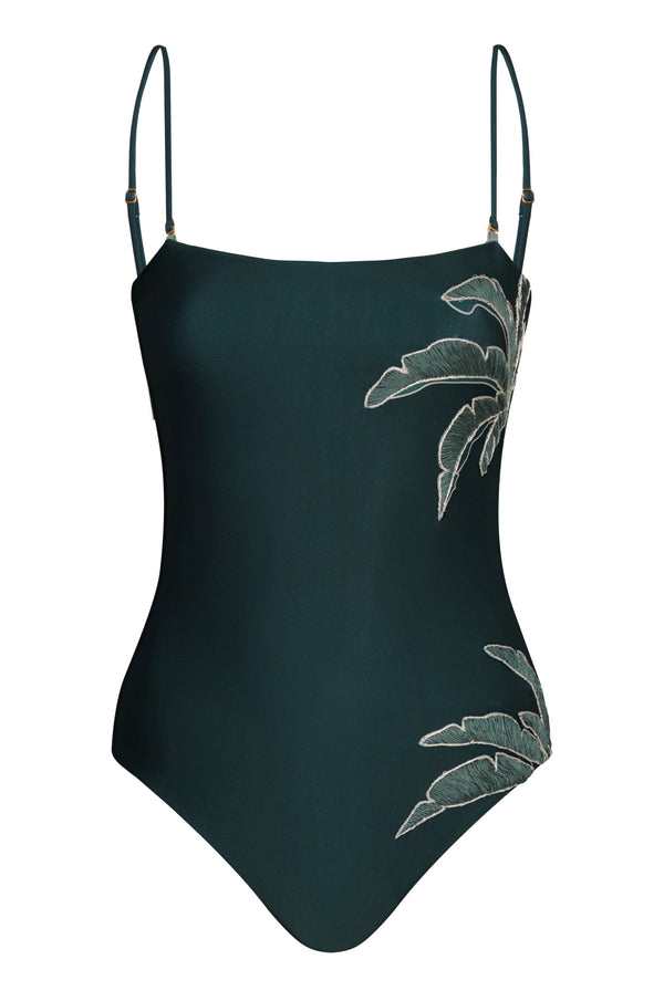 Esteros Hand Embroidered One Piece / Aquamarine Palms - Metallic Mint