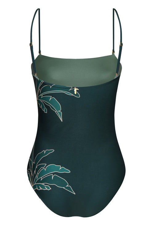 Esteros Hand Embroidered One Piece / Aquamarine Palms - Metallic Mint