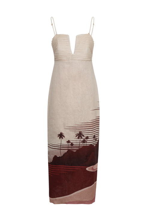Antigüa Linen Midi Dress / Red Tropical Landscape