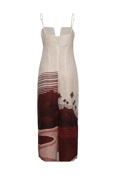 Antigüa Linen Midi Dress / Red Tropical Landscape