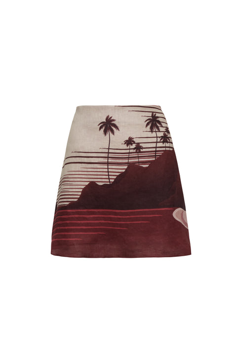 Carmelita Linen Mini Skirt / Red Tropical Landscape