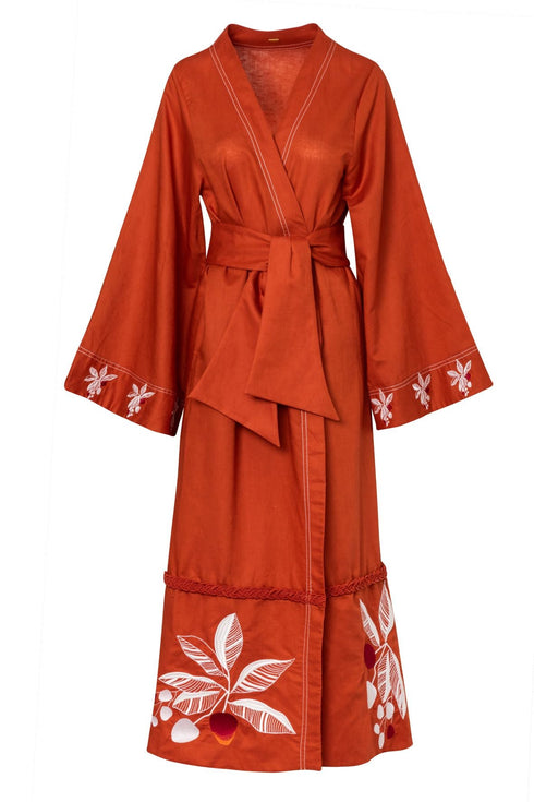 Bocas de San Juan Linen Kaftan Embroidered / Terracota