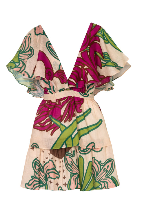 Boho Linen Mini Dress / Beige Moon Garden