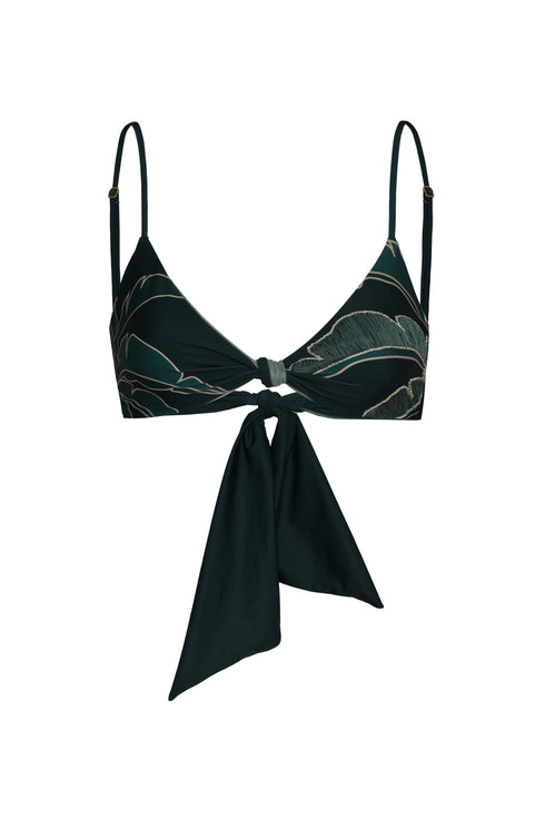 Pacifico hand-embroidered bikini top in dark green with metallic mint palm leaf patterns.