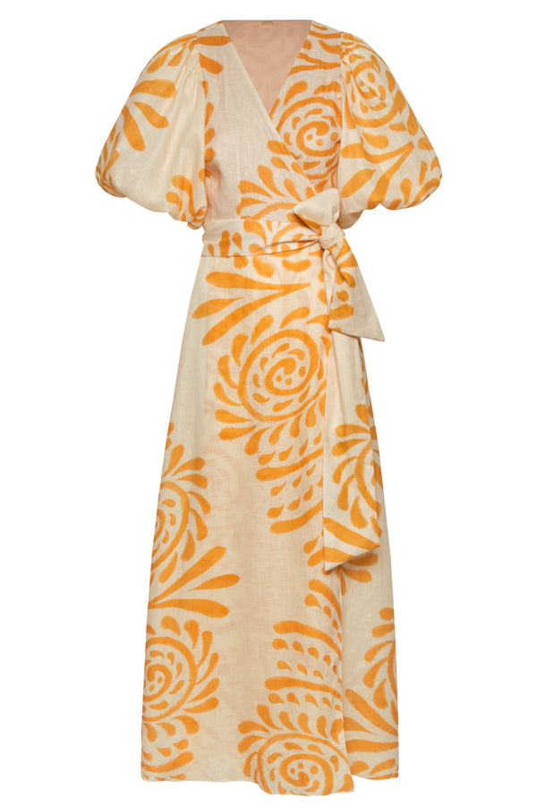 Ermita Linen Midi Dress / Ecru Yellow Arabesque