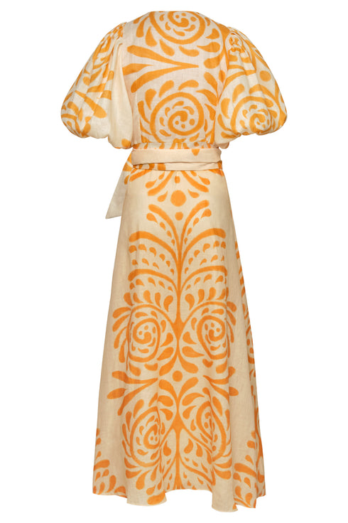Ermita Linen Midi Dress / Ecru Yellow Arabesque