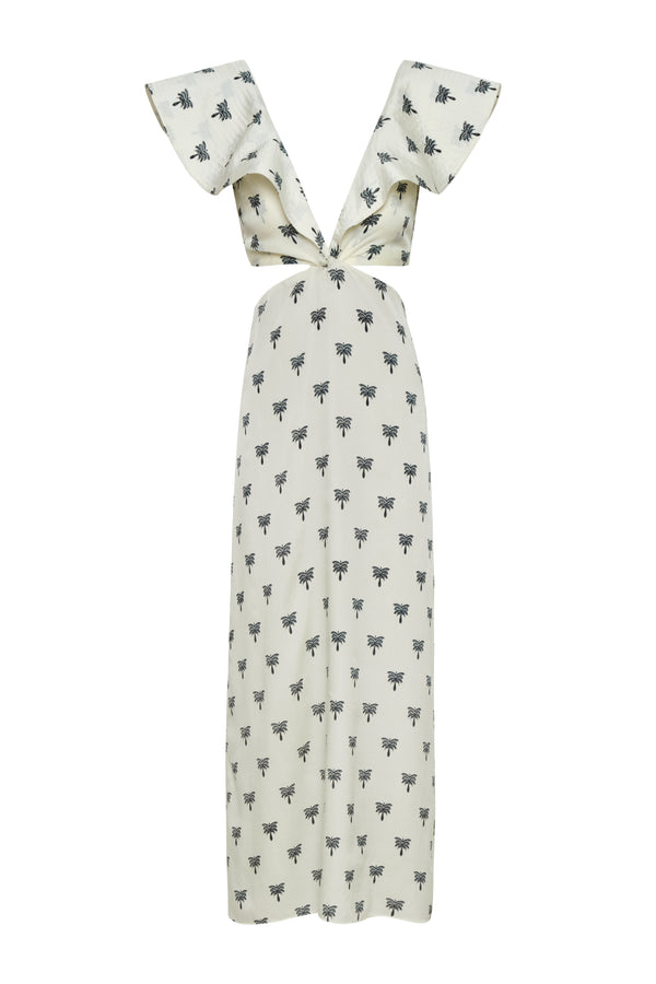 Quetzal Martellato Silk Midi Dress / Ivory - Black Polka Palms