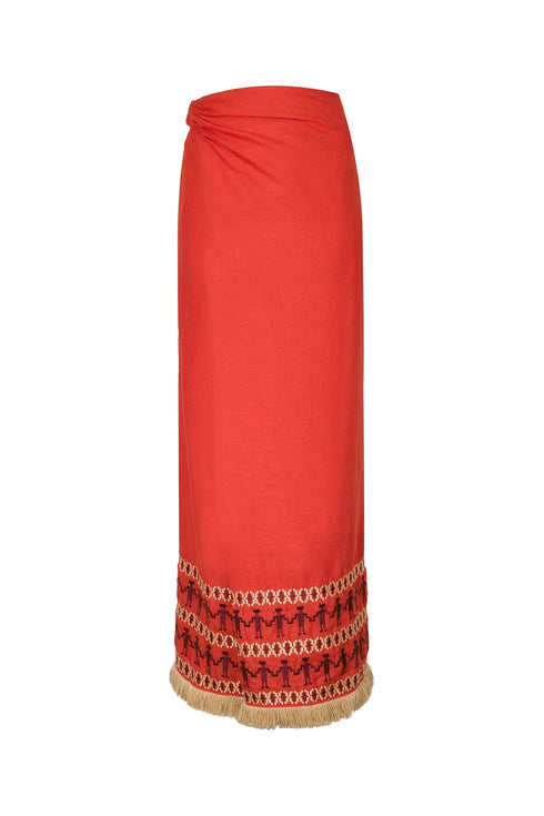 Guainia Linen Midi Skirt / Red Embroidered