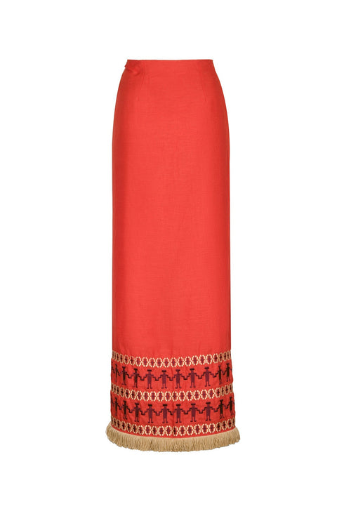 Guainia Linen Midi Skirt / Red Embroidered