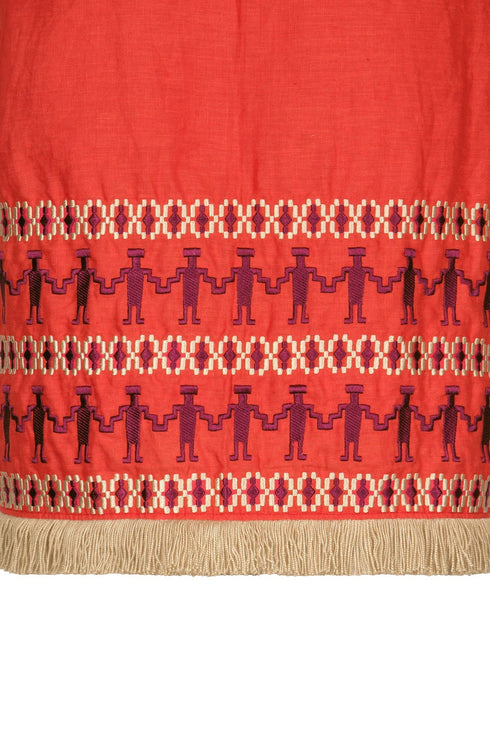 Guainia Linen Midi Skirt / Red Embroidered