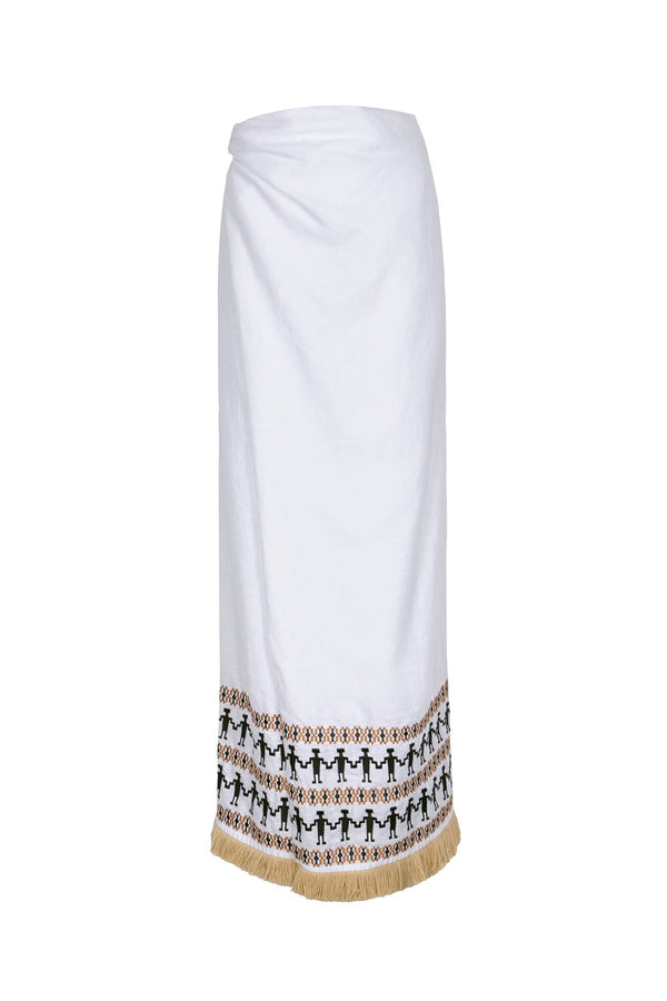 Guainia Linen Midi Skirt / White Embroidered
