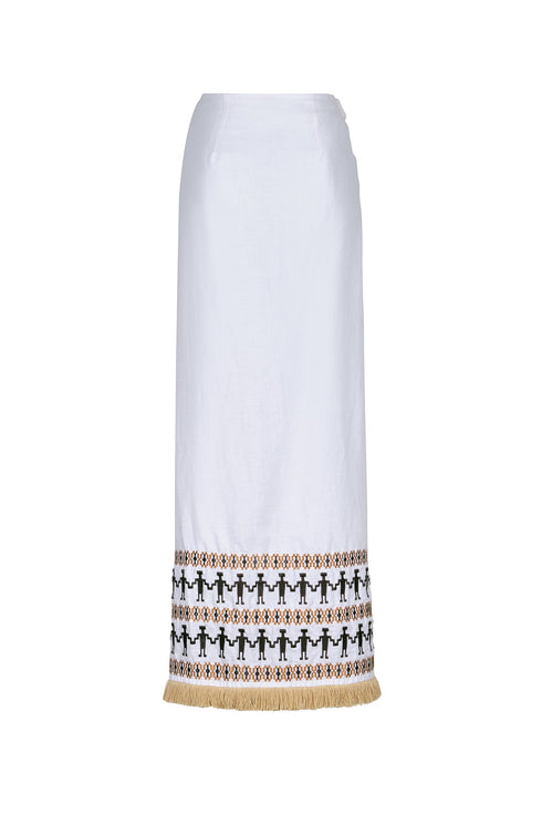 Guainia Linen Midi Skirt / White Embroidered
