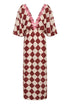 Topacio maxi dress in burgundy and ivory rhombus print linen with pink hand-embroidered neckline.