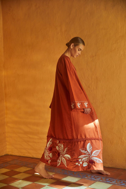 Bocas de San Juan Linen Kaftan Embroidered / Terracota